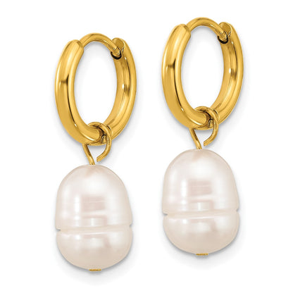 Chisel Stainless Steel Polished Yellow IP-plated White Baroque Freshwater Cultured Pearl Dangle Hinged Hoop Earrings