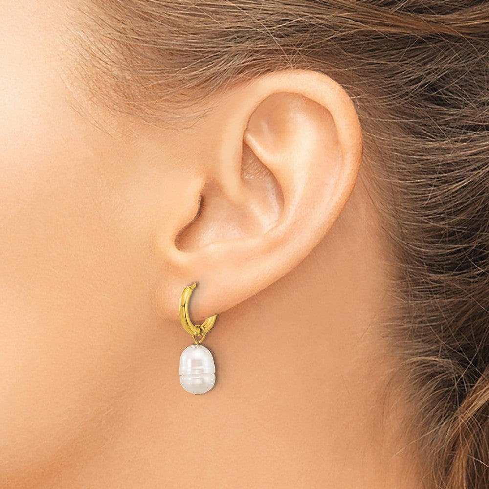 Chisel Stainless Steel Polished Yellow IP-plated White Baroque Freshwater Cultured Pearl Dangle Hinged Hoop Earrings