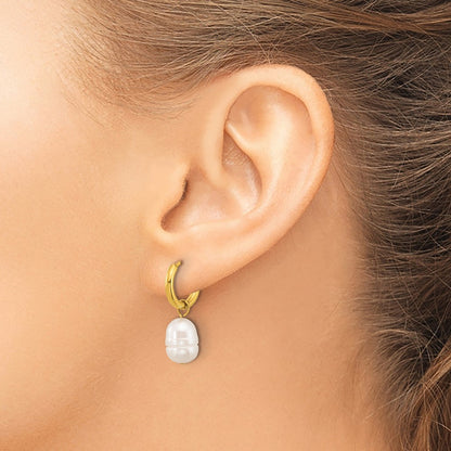 Chisel Stainless Steel Polished Yellow IP-plated White Baroque Freshwater Cultured Pearl Dangle Hinged Hoop Earrings