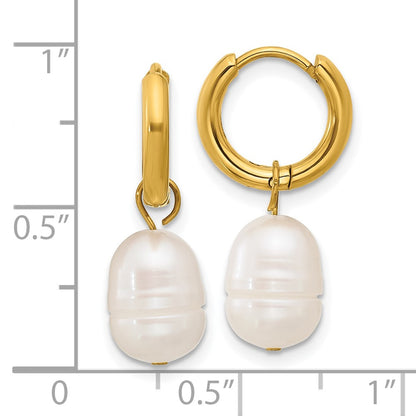 Chisel Stainless Steel Polished Yellow IP-plated White Baroque Freshwater Cultured Pearl Dangle Hinged Hoop Earrings