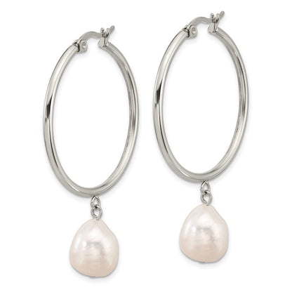 Chisel Stainless Steel Polished White Baroque Freshwater Cultured Pearl Dangle Hoop Earrings