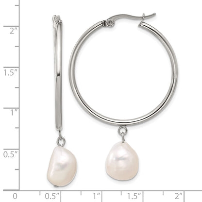 Chisel Stainless Steel Polished White Baroque Freshwater Cultured Pearl Dangle Hoop Earrings