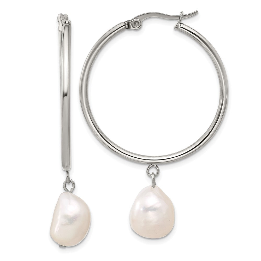 Chisel Stainless Steel Polished White Baroque Freshwater Cultured Pearl Dangle Hoop Earrings