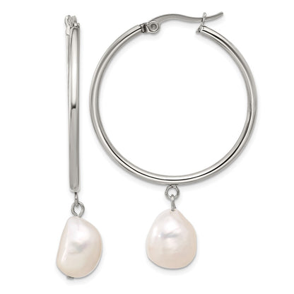 Chisel Stainless Steel Polished White Baroque Freshwater Cultured Pearl Dangle Hoop Earrings