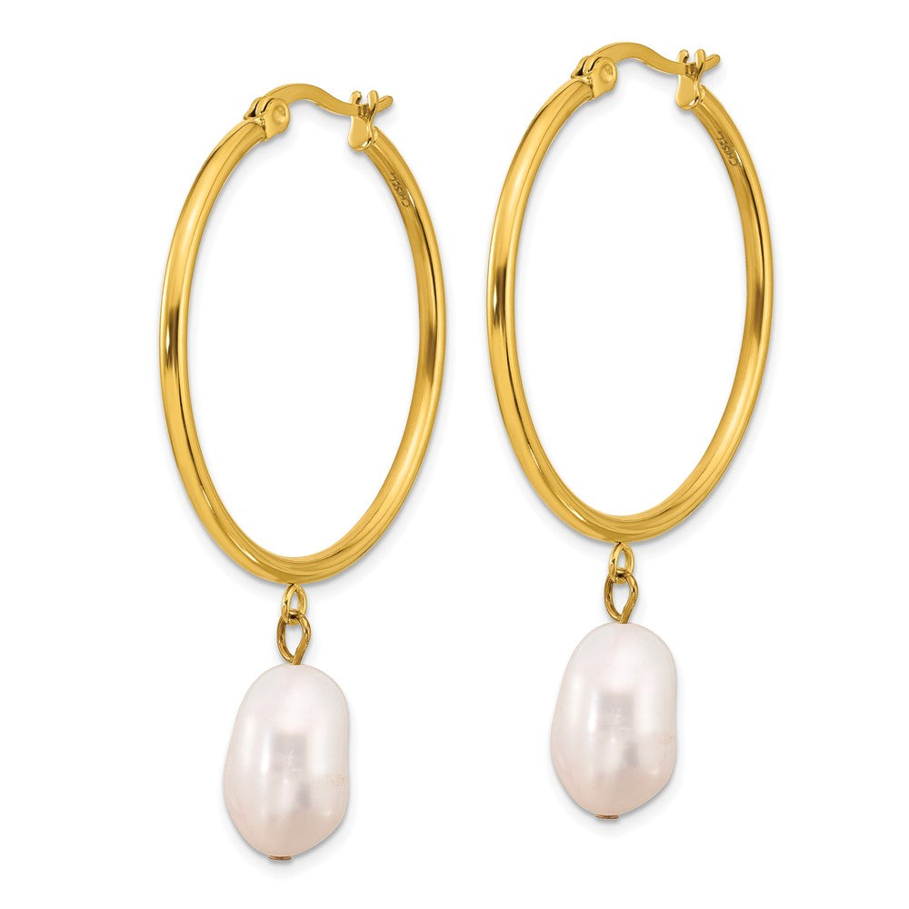Chisel Stainless Steel Polished Yellow IP-plated White Baroque Freshwater Cultured Pearl Dangle Hoop Earrings