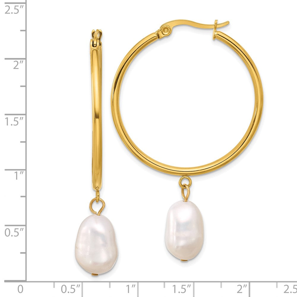 Chisel Stainless Steel Polished Yellow IP-plated White Baroque Freshwater Cultured Pearl Dangle Hoop Earrings
