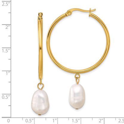 Chisel Stainless Steel Polished Yellow IP-plated White Baroque Freshwater Cultured Pearl Dangle Hoop Earrings
