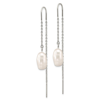 Chisel Stainless Steel Polished White Baroque Freshwater Cultured Pearl Dangle Threader Earrings