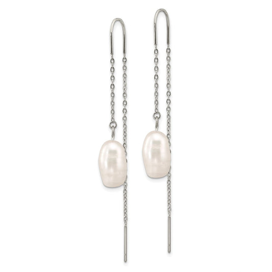 Chisel Stainless Steel Polished White Baroque Freshwater Cultured Pearl Dangle Threader Earrings