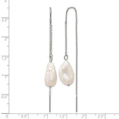 Chisel Stainless Steel Polished White Baroque Freshwater Cultured Pearl Dangle Threader Earrings