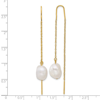 Chisel Stainless Steel Polished Yellow IP-plated White Freshwater Cultured Pearl Dangle Threader Earrings