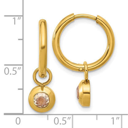 Chisel Stainless Steel Polished Yellow IP-plated with Removeable Champagne CZ Dangle Hinged Hoop Earrings