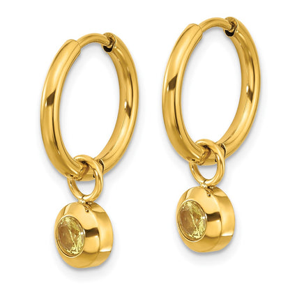 Chisel Stainless Steel Polished Yellow IP-plated with Removeable Yellow CZ Dangle Hinged Hoop Earrings