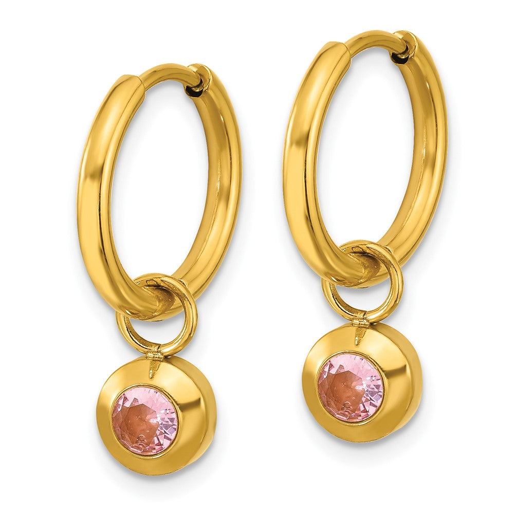 Chisel Stainless Steel Polished Yellow IP-plated with Removeable Pink CZ Dangle Hinged Hoop Earrings