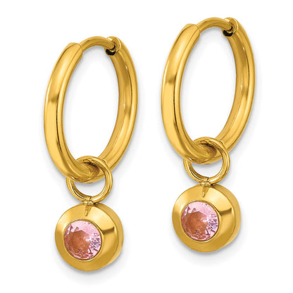 Chisel Stainless Steel Polished Yellow IP-plated with Removeable Pink CZ Dangle Hinged Hoop Earrings