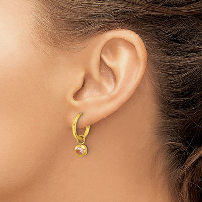 Chisel Stainless Steel Polished Yellow IP-plated with Removeable Pink CZ Dangle Hinged Hoop Earrings