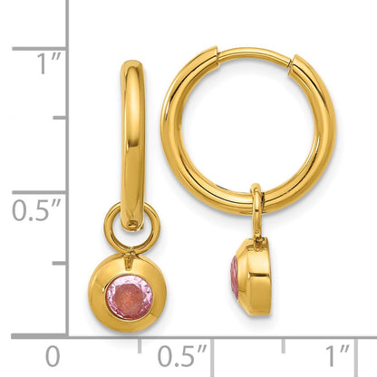 Chisel Stainless Steel Polished Yellow IP-plated with Removeable Pink CZ Dangle Hinged Hoop Earrings