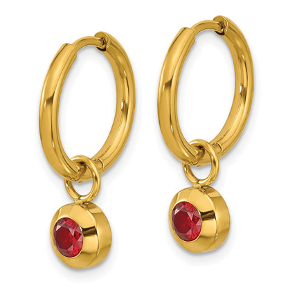 Chisel Stainless Steel Polished Yellow IP-plated with Removeable Red CZ Dangle Hinged Hoop Earrings