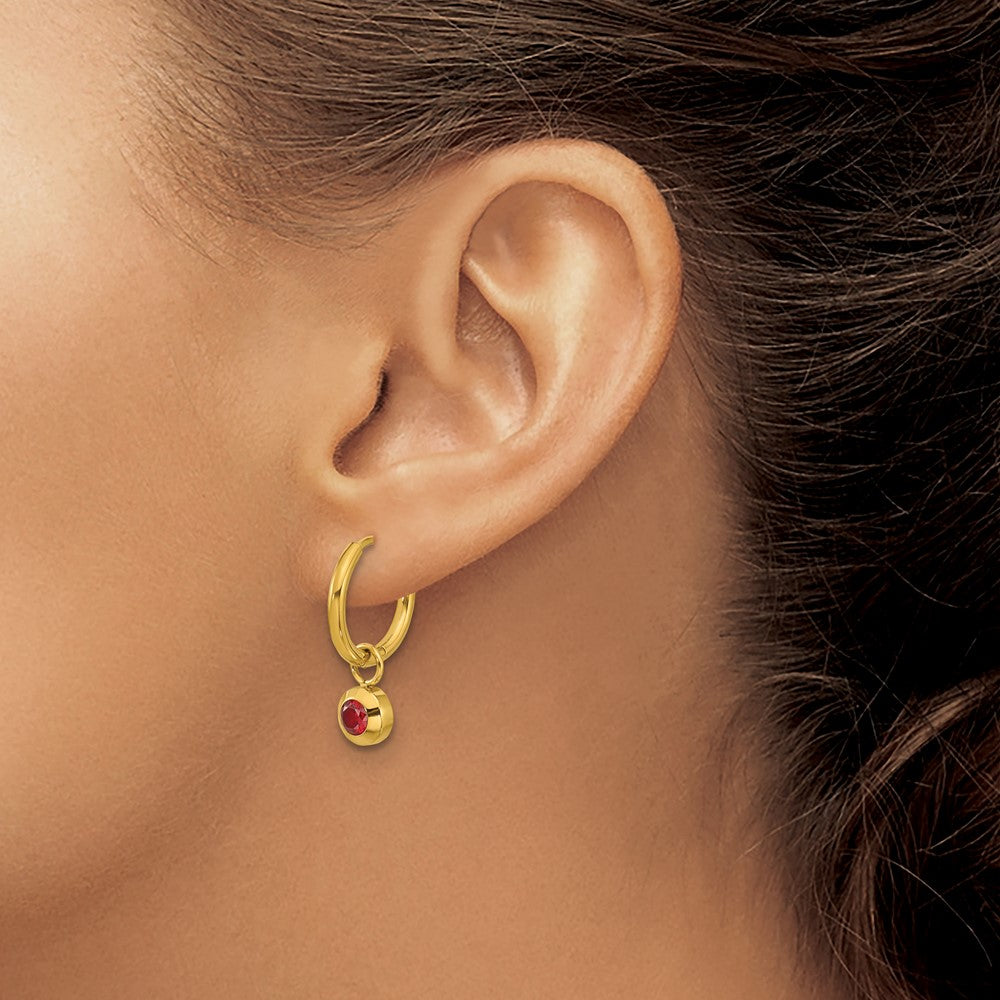Chisel Stainless Steel Polished Yellow IP-plated with Removeable Red CZ Dangle Hinged Hoop Earrings