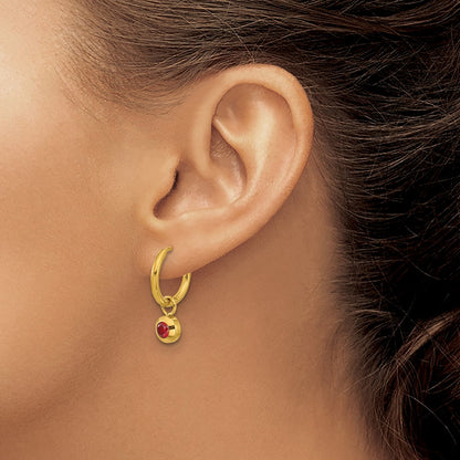 Chisel Stainless Steel Polished Yellow IP-plated with Removeable Red CZ Dangle Hinged Hoop Earrings