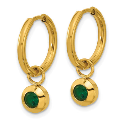 Chisel Stainless Steel Polished Yellow IP-plated with Removeable Green CZ Dangle Hinged Hoop Earrings