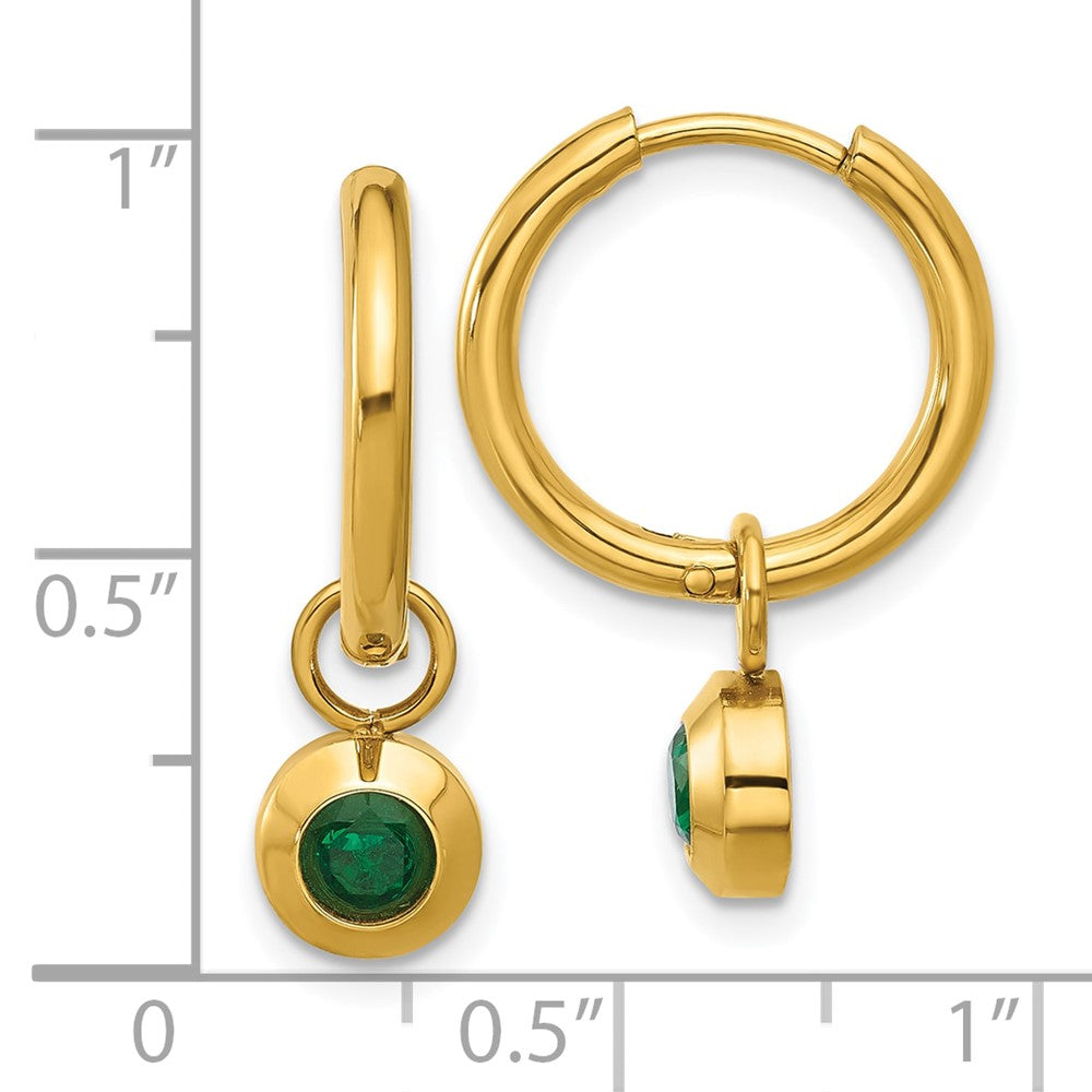Chisel Stainless Steel Polished Yellow IP-plated with Removeable Green CZ Dangle Hinged Hoop Earrings