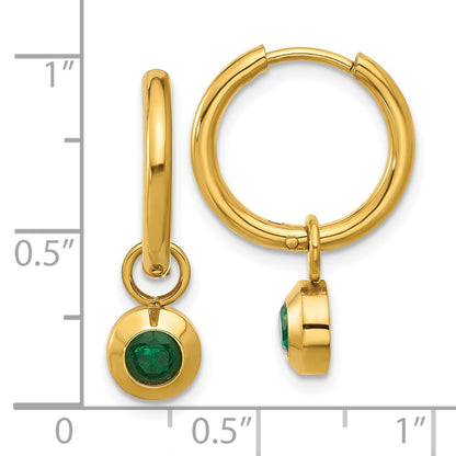 Chisel Stainless Steel Polished Yellow IP-plated with Removeable Green CZ Dangle Hinged Hoop Earrings
