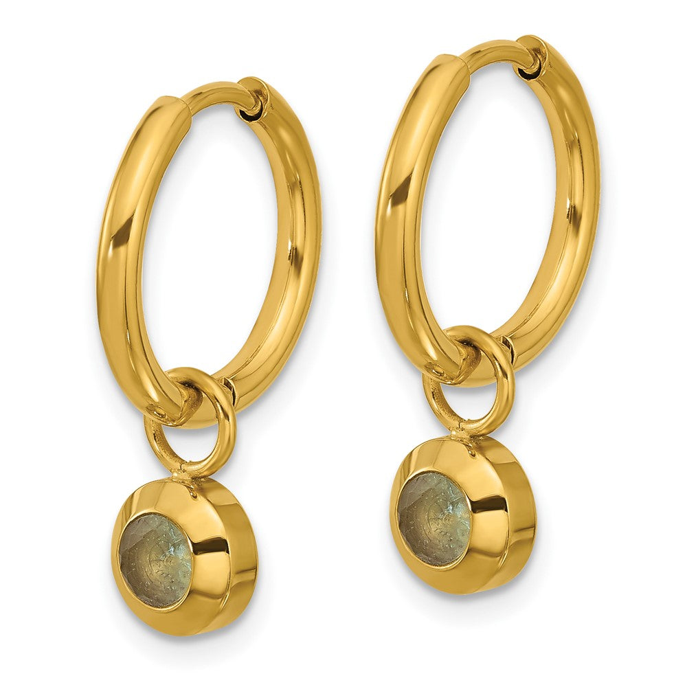 Chisel Stainless Steel Polished Yellow IP-plated with Removeable Light Blue CZ Dangle Hinged Hoop Earrings