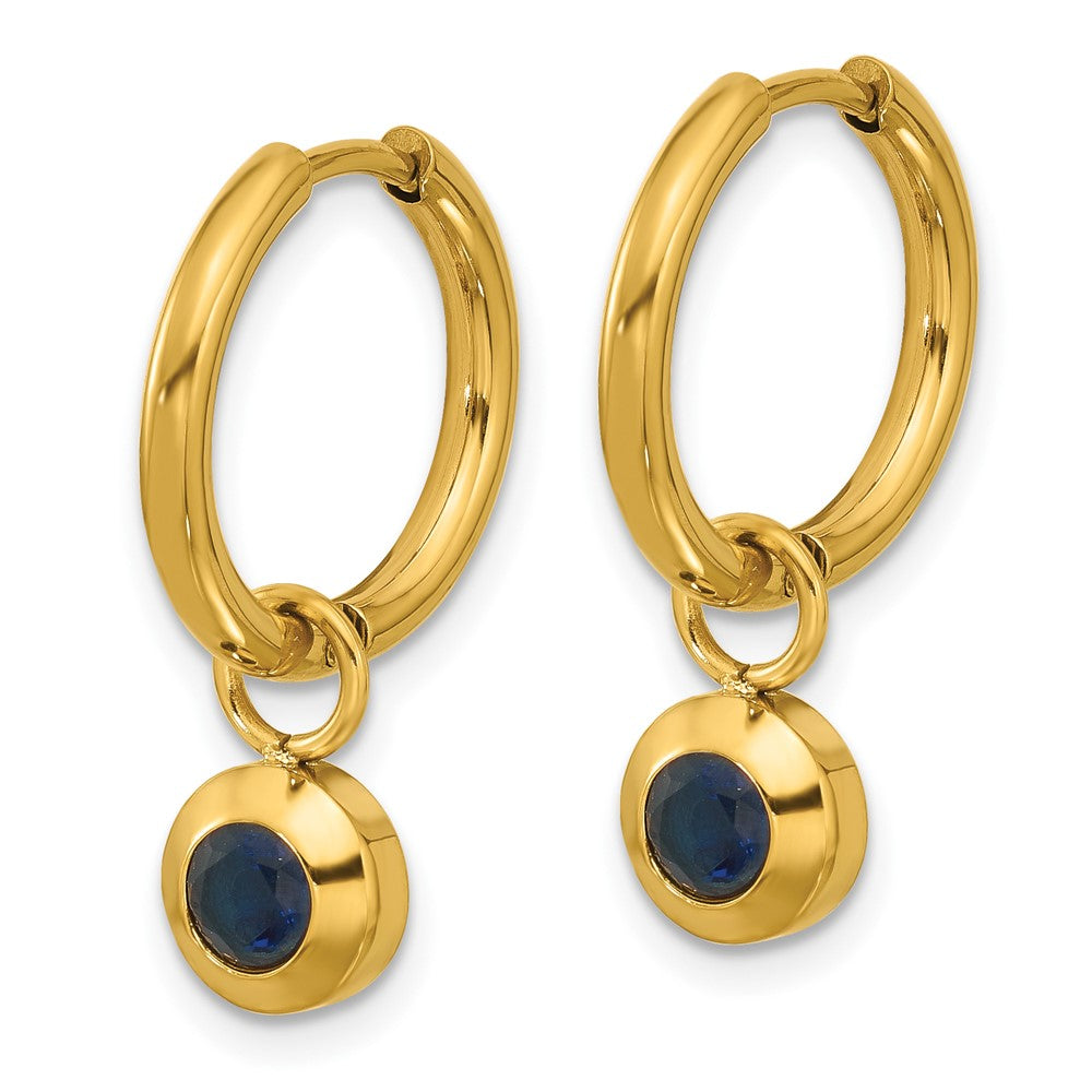 Chisel Stainless Steel Polished Yellow IP-plated with Removeable Blue CZ Dangle Hinged Hoop Earrings