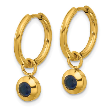 Chisel Stainless Steel Polished Yellow IP-plated with Removeable Blue CZ Dangle Hinged Hoop Earrings