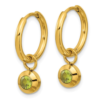 Chisel Stainless Steel Polished Yellow IP-plated with Removeable Green CZ Dangle Hinged Hoop Earrings