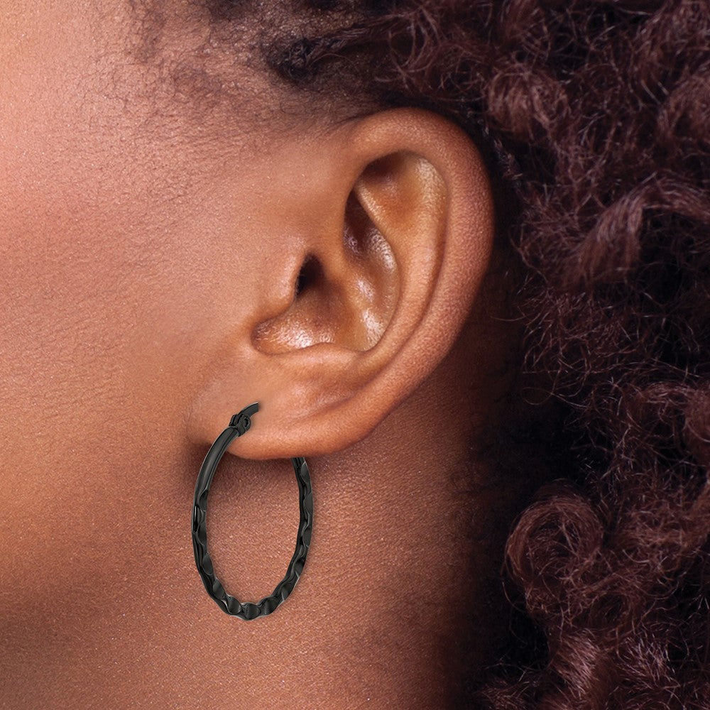 Chisel Stainless Steel Polished Black IP-plated Wavy Hoop Earrings