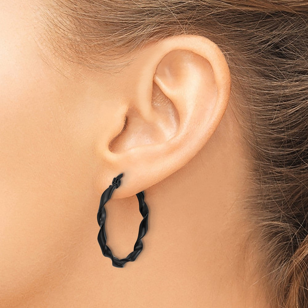 Chisel Stainless Steel Polished Black IP-plated Twisted Hoop Earrings