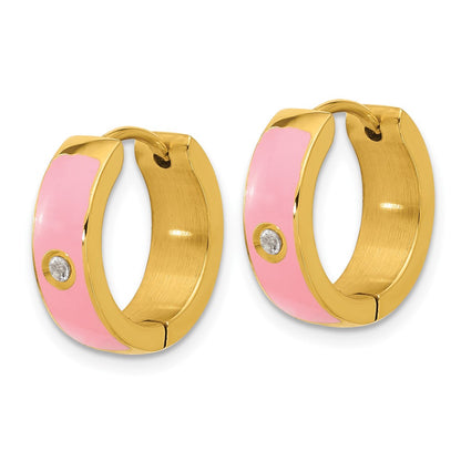 Chisel Stainless Steel Polished Yellow IP-plated with Pink Enamel and CZ 5mm Hinged Hoop Earrings