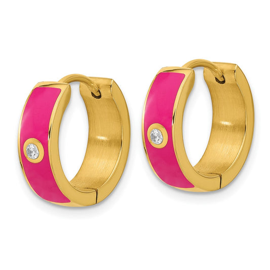 Chisel Stainless Steel Polished Yellow IP-plated with Dark Pink Enamel and CZ 5mm Hinged Hoop Earrings