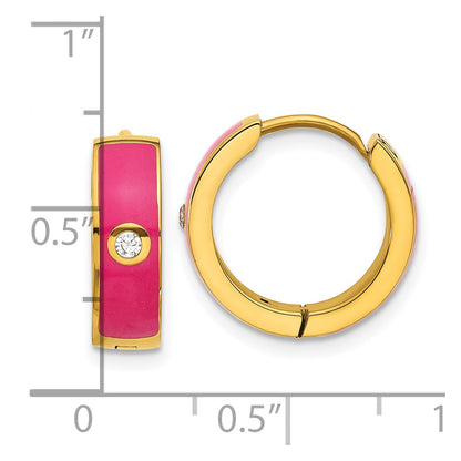 Chisel Stainless Steel Polished Yellow IP-plated with Dark Pink Enamel and CZ 5mm Hinged Hoop Earrings