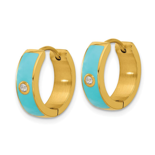 Chisel Stainless Steel Polished Yellow IP-plated with Blue Enamel and CZ 5mm Hinged Hoop Earrings