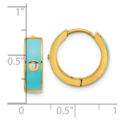 Chisel Stainless Steel Polished Yellow IP-plated with Blue Enamel and CZ 5mm Hinged Hoop Earrings
