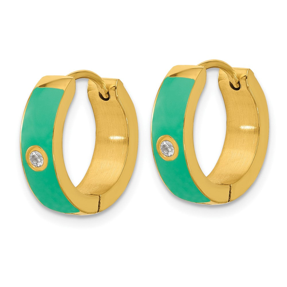 Chisel Stainless Steel Polished Yellow IP-plated with Green Enamel and CZ 5mm Hinged Hoop Earrings