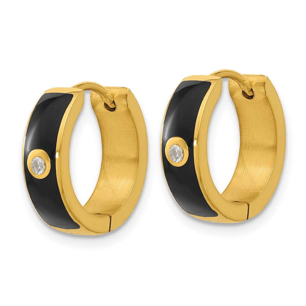Chisel Stainless Steel Polished Yellow IP-plated with Black Enamel and CZ 5mm Hinged Hoop Earrings