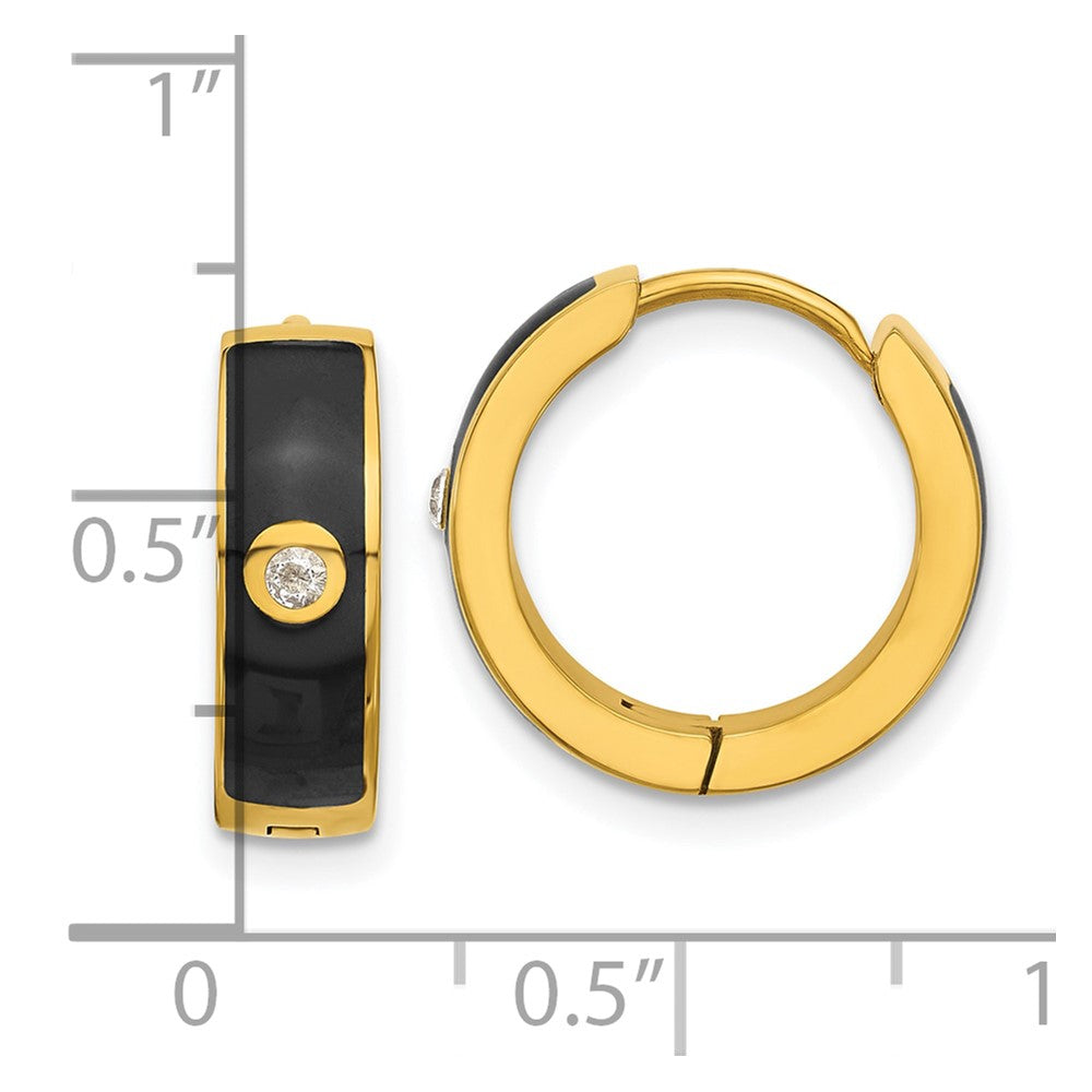 Chisel Stainless Steel Polished Yellow IP-plated with Black Enamel and CZ 5mm Hinged Hoop Earrings