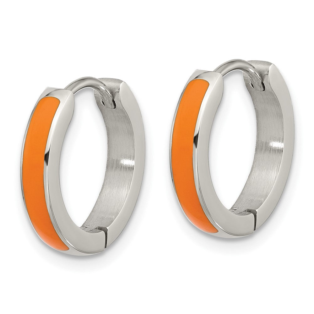 Chisel Stainless Steel Polished with Orange Enamel 2.90mm Hinged Hoop Earrings