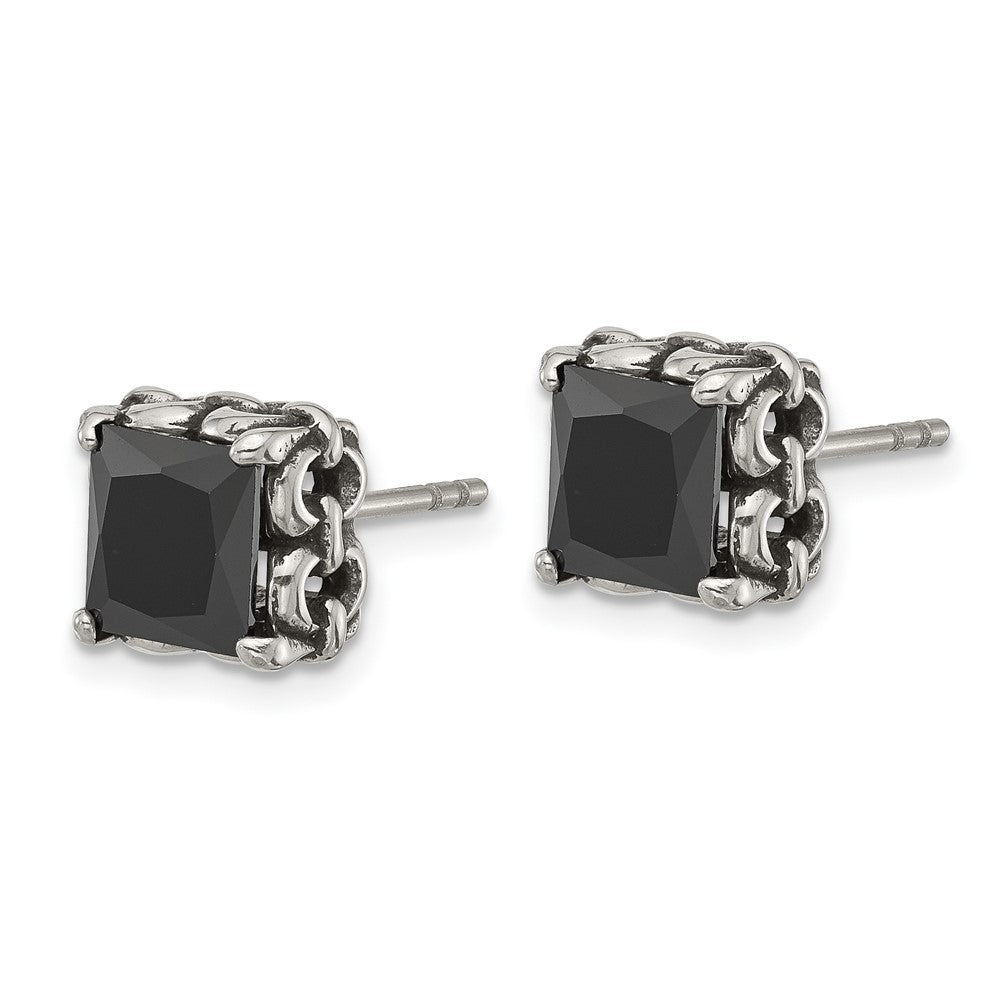 Chisel Stainless Steel Antiqued and Polished Square Black CZ Stud Earrings
