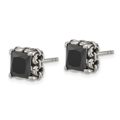 Chisel Stainless Steel Antiqued and Polished Square Black CZ Stud Earrings