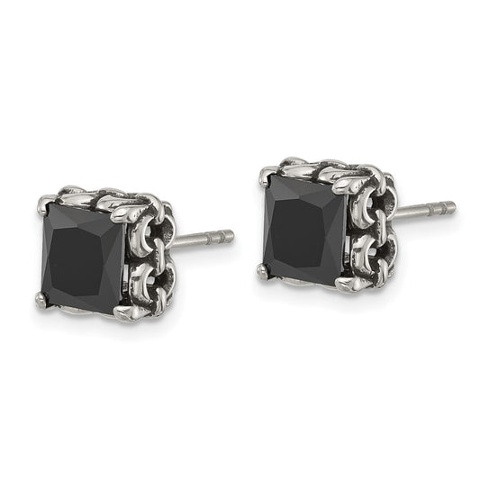 Chisel Stainless Steel Antiqued and Polished Square Black CZ Stud Earrings