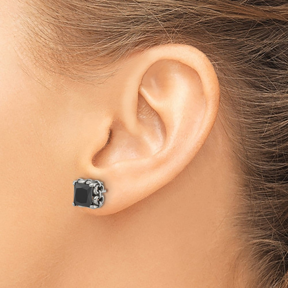 Chisel Stainless Steel Antiqued and Polished Square Black CZ Stud Earrings