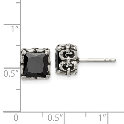 Chisel Stainless Steel Antiqued and Polished Square Black CZ Stud Earrings