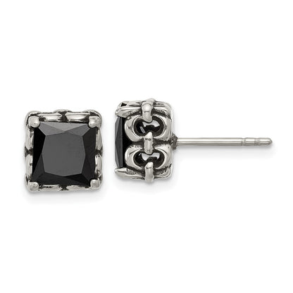 Chisel Stainless Steel Antiqued and Polished Square Black CZ Stud Earrings