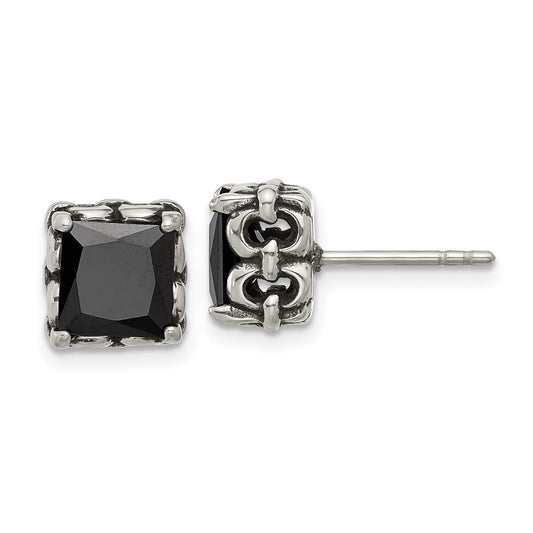 Chisel Stainless Steel Antiqued and Polished Square Black CZ Stud Earrings
