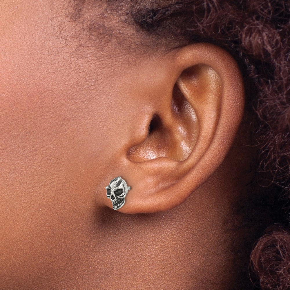 Chisel Stainless Steel Antiqued and Polished Skull Post Earrings